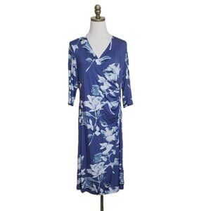 Soft Surroundings Soft Rayon Faux Wrap Midi Dress Size PL Blue Floral Ruched